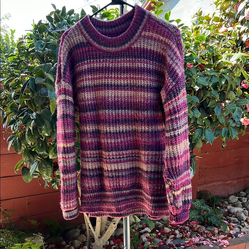 Sonoma Purple and Pink Crewneck Sweater with Knitted Stripes